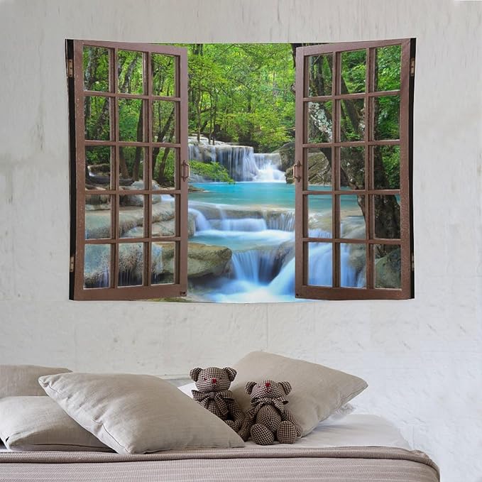 ZhiRain Waterfall Tree Landscape Tapestry Wall Hanging Natural Scenery Forest Garden Spring Stone River Tapestries Home Decor for Living Room Bedroom Apartment Farmhouse Dorm 30"x40"