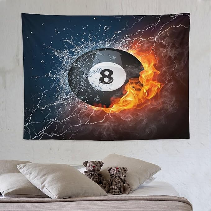 ZhiRain Teen Billiards Tapestry Wall Hanging Abstract Fire Water Black Billiard Eight Ball Tapestries Home Decor for Living Room Bedroom Farmhouse Apartment Dorm 60"x80"
