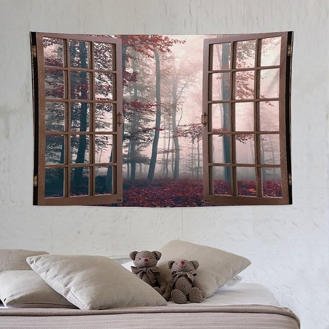 ZhiRain Nature Forest Tapestry Wall Hanging Autumn Mystic Foggy Fall Enchanted Woods Wild Trees Print Tapestries Home Decor for Living Room Bedroom Apartment Farmhouse Dorm 40"x60"