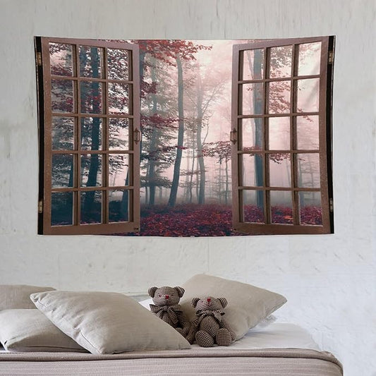 ZhiRain Nature Forest Tapestry Wall Hanging Autumn Mystic Foggy Fall Enchanted Woods Wild Trees Print Tapestries Home Decor for Living Room Bedroom Apartment Farmhouse Dorm 40"x60"