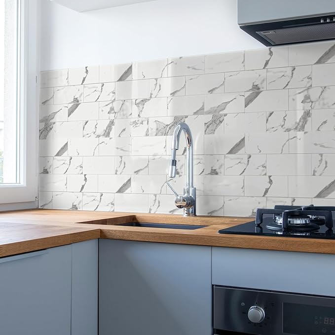 Art3d 102-Piece Faux Stone Peel and Stick Backsplash Tile, Waterproof Thick PVC Stick On Subway Wall Tile for Kitchen Bathroom Laundry Room Fireplace - 3" x 6" Gray Marble