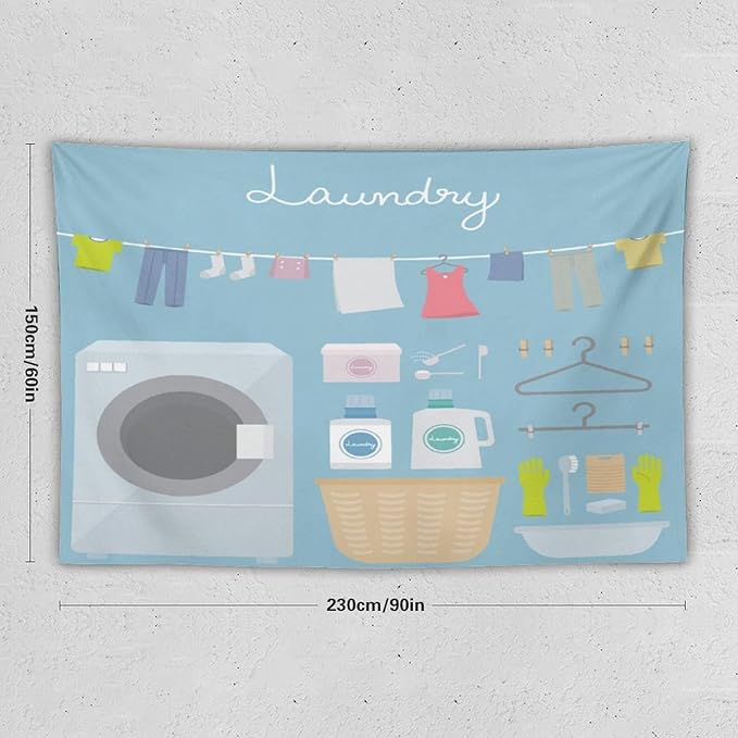 ZhiRain Laundry Room Tapestry Wall Hanging Blue Cartoon Wash Dry Fold Tapestries Home Decor for Living Room Bedroom Farmhouse Apartment Dorm 60"x90"
