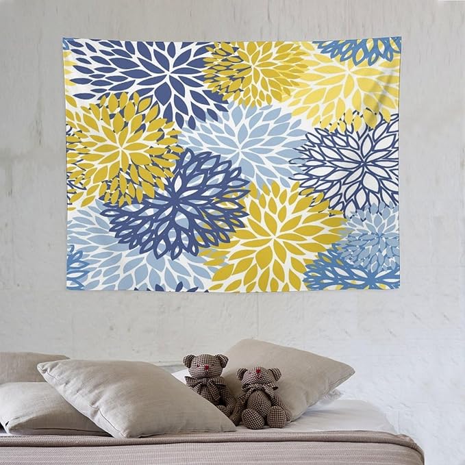 ZhiRain Blue Yellow Floral Tapestry Wall Hanging Boho Dahlia Chrisanthemum Flowers Pattern Tapestries Home Decor for Living Room Bedroom Farmhouse Apartment Dorm 30"x40"