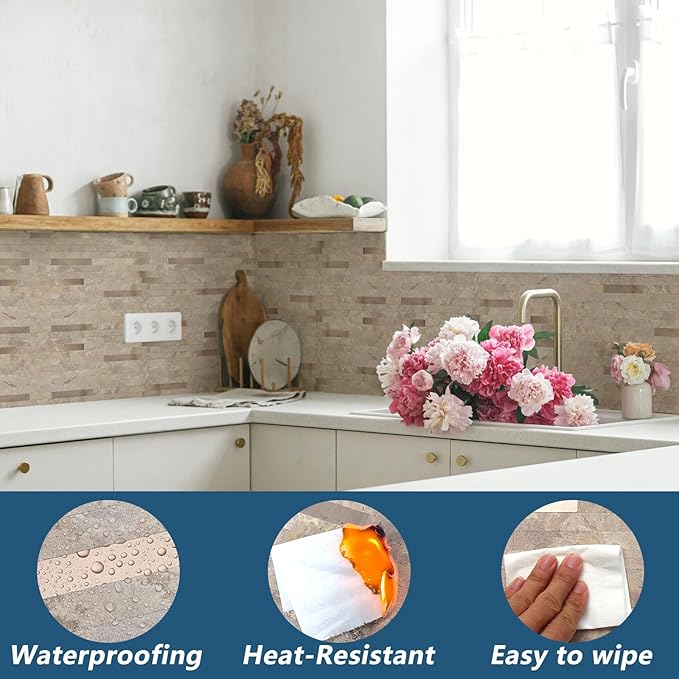 Yipscazo 40 Sheets Peel and Stick Stone Metal Backsplash, PVC Wall Tiles Stick on Tiles for Backsplash Kitchen, Bathroom, Fireplace (6'' X 12'', Beige Stone)