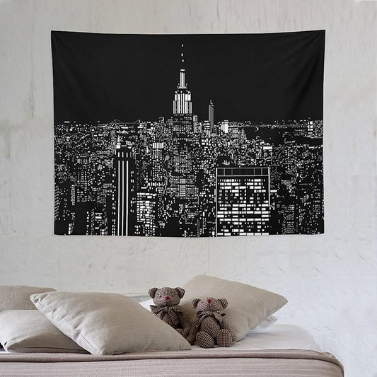 ZhiRain New York Tapestry Wall Hanging Black White Modern Night City Light Tapestries Home Decor for Living Room Bedroom Apartment Farmhouse Dorm 30"x40"