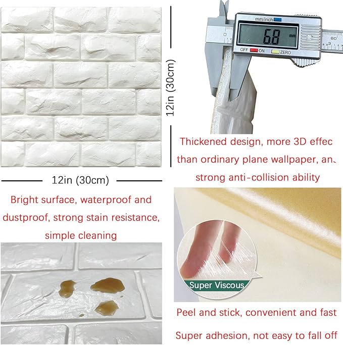 3D Wall Panels Peel and Stick 11PCS White Foam Brick Wallpaper for Bedroom Faux Stone Wall Panel Self-Adhesive Wallpaper (11PCS-10.65 Sq Ft, White)
