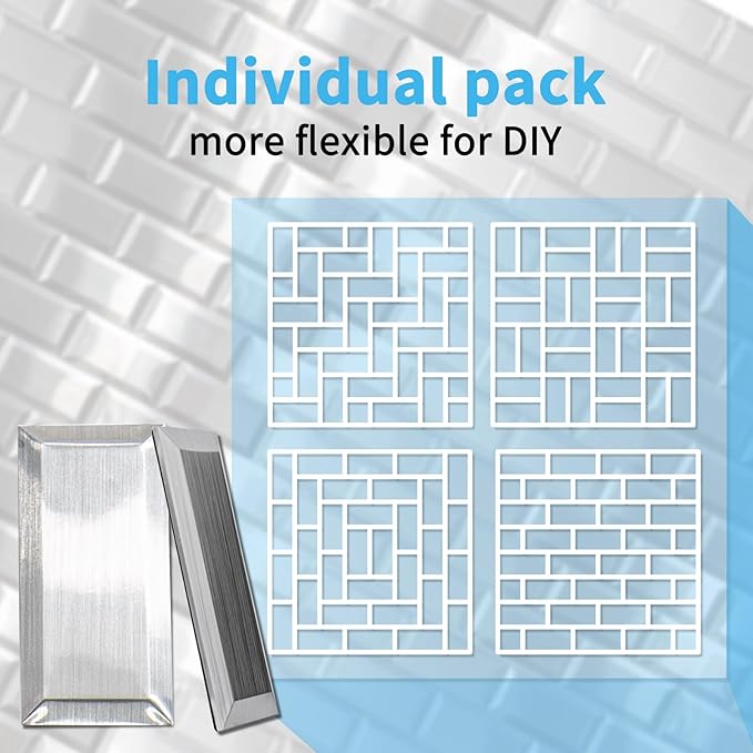 Art3d 100 Pcs Peel and Stick Backsplash Tiles, 3D Textured Metal Stick On Subway Wall Tiles for Kitchen Back Splashes, Bathroom, Laundry Room, 3 x 6 Inch, Stainless