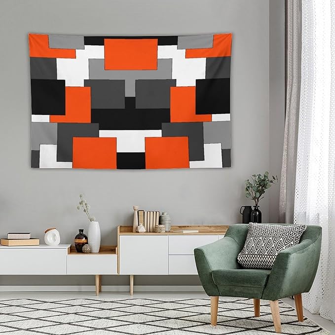 ZhiRain Orange And Black Tapestry Wall Hanging Gray White Geometric Silver Dark Abstract Square Art Tapestries Home Decor for Living Room Bedroom Apartment Farmhouse Dorm 40"x60"