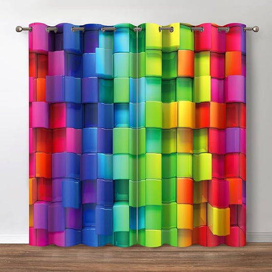 Jekeno Colorful Rainbow Blackout Curtains Colored 3D Looking Brick Block Contour Display Geometric Artisan Decor Home Bedroom Living Room Grommet Window Drapes 2 Panel Set, 42"x63"