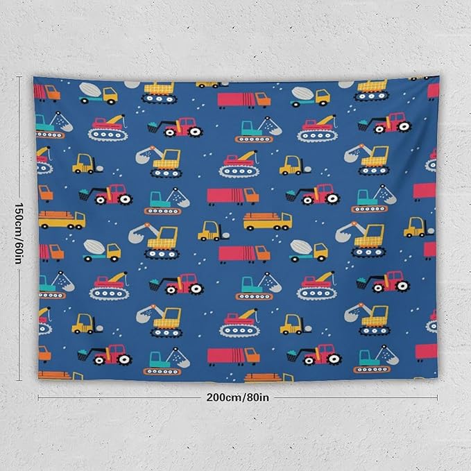 ZhiRain Cartoon Cars Print Tapestry Wall Hanging for Kids Room Cartoon Shovel And Trucks Blue Tapestries Home Decor for Living Room Bedroom Apartment Farmhouse Dorm 60"x80"