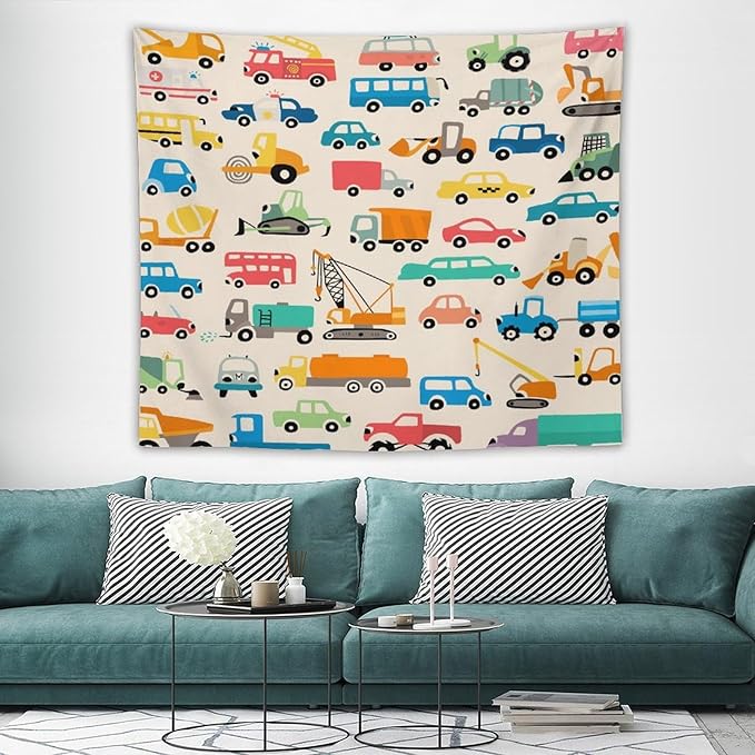 ZhiRain Cartoon Cars Print Tapestry Wall Hanging Cartoon Shovel And Trucks Tapestries Home Decor for Living Room Bedroom Apartment Farmhouse Dorm 50"x60"