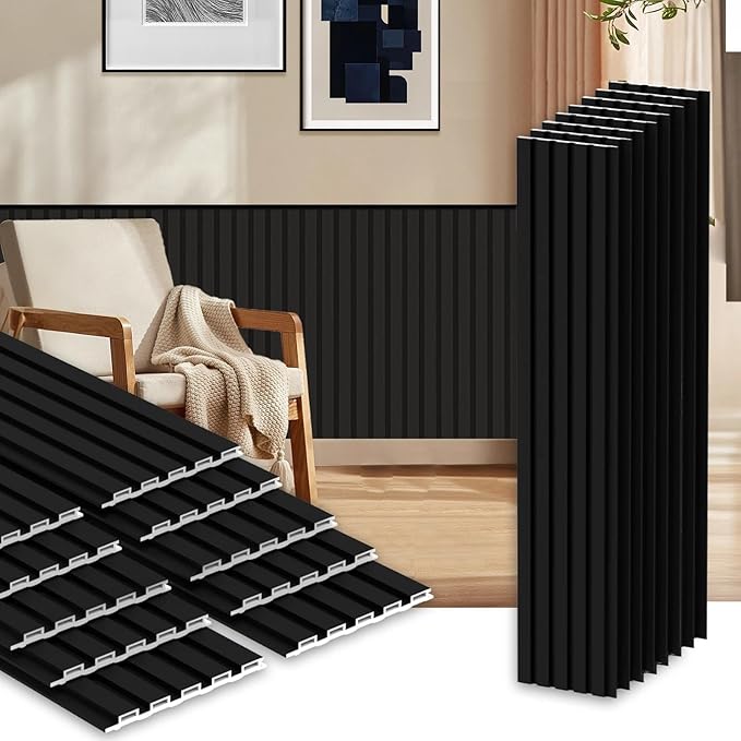 18Pack WPC Wainscoting Panels, 48.2 x 6.2 Inches 3D Accent Wall Panels for Interior Wall Decor, Fluted Wood Paneling for Living Room, TV Background, Office, Bedroom(Matte Black)