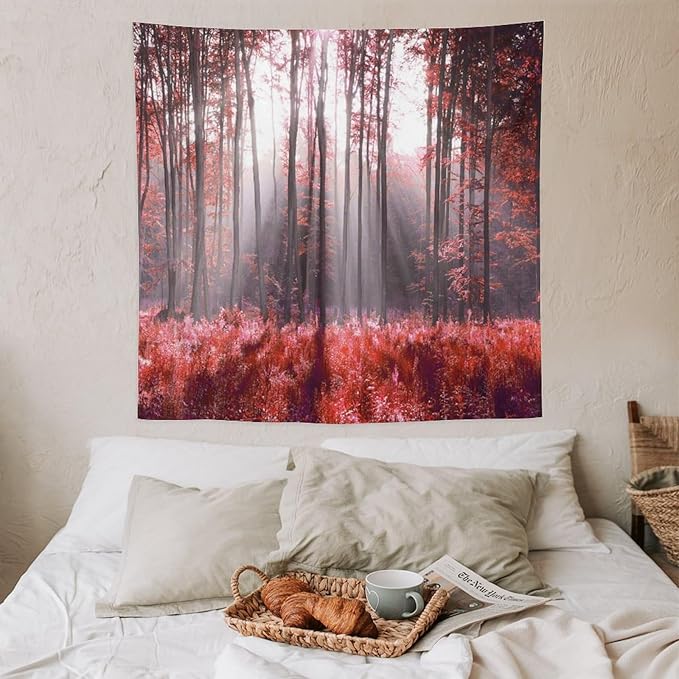 ZhiRain Red Forest Tapestry Wall Hanging Season Foggy Nature And Enchanted Woods Wild Trees Print Tapestries Home Decor for Living Room Bedroom Apartment Farmhouse Dorm 60"x60"