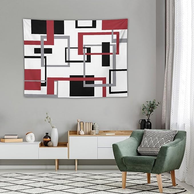 ZhiRain Red Tapestry Wall Hanging Mid Century Modern Geometric Abstract Red Black Grey Square White Backdrop Tapestries Home Decor for Living Room Bedroom Apartment Farmhouse Dorm 30"x40"