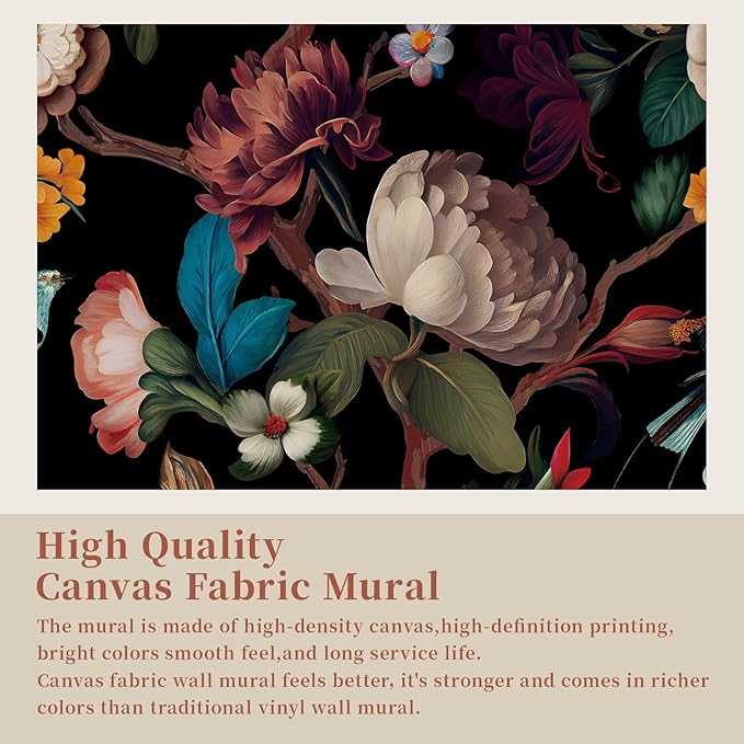 Zeeko Wall Mural Peel and Stick Black Floral Wallpaper Mural Canvas Fabric Vintage Dark Wallpaper for Room TV Background 98" W x 65" H (5 Strips) Large Wall Paintings Home Decor