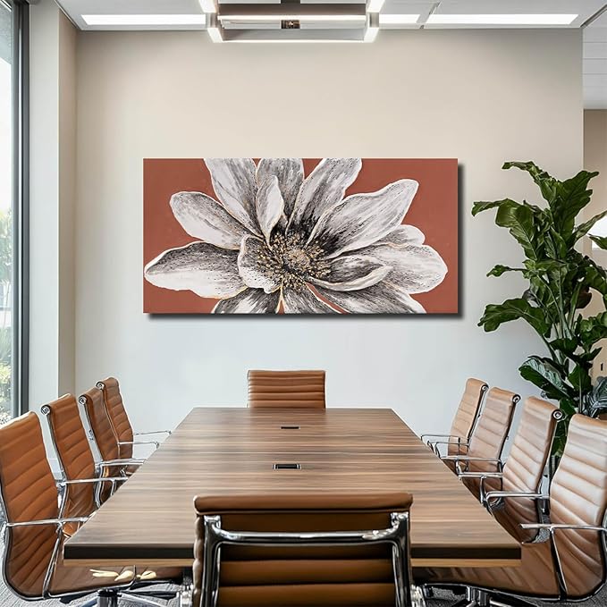 ZHENGYIN Floral Canvas Wall Art, Textured White Flower Painting with Terracotta Warm Tones, Rustic Modern Farmhouse Wall Decor for Living Room Bedroom, Above Sofa, 24x48 Inch