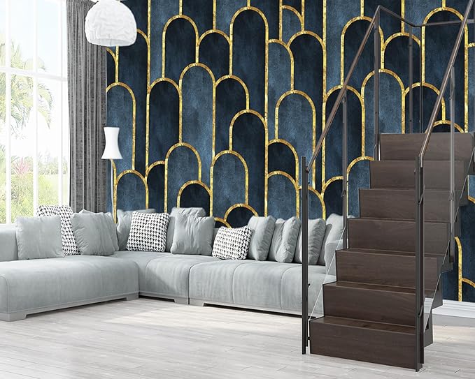 XMPMBM-Gold Geometrical Textured Fabric Wallpaper Abstraction Dark line Living Room Bedroom Bathroom Wall Mural-W 132" X H 92"（93 Square Foot）