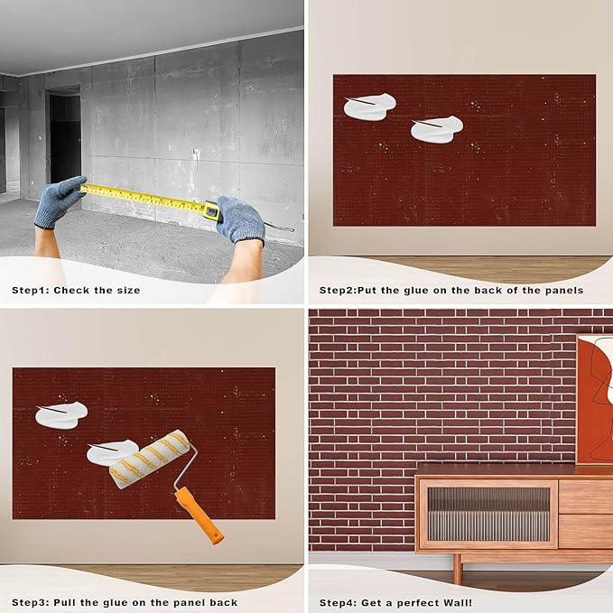 3D Wall Panels - 4PCS 47.2"x26" Faux Stone Wall Covering - MCM Modified Clay Material for Home Art, Accent Brick, Modern Exterior/Interior Decoration, Covering 34 sq.ft Slate Red Brick