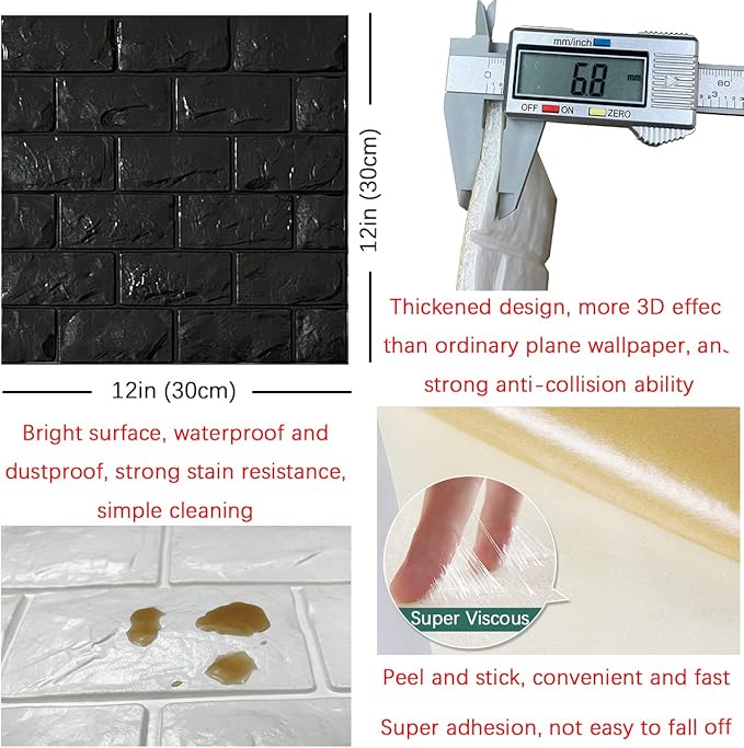 YU LI 3DH 3D Wall Panels Peel and Stick 30PCS Black Foam Brick Wallpaper for Bedroom Faux Stone Wall Panel Self-Adhesive Wallpaper (30PCS-29 Sq Ft, Black)