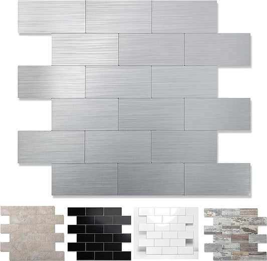1-Pack Peel and Stick Tile Backsplash 12"X12" PVC Wall Tiles, Stick on Backsplash for Kitchen, Bathroom Tile, Fireplace Décor, Laundry Table, Stair Decals in Silver Metal