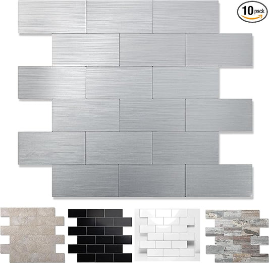 10-Pack Peel and Stick Tile Backsplash 12"X12" PVC Wall Tiles, Stick on Backsplash for Kitchen, Bathroom Tile, Fireplace Décor, Laundry Table, Stair Decals in Silver Metal