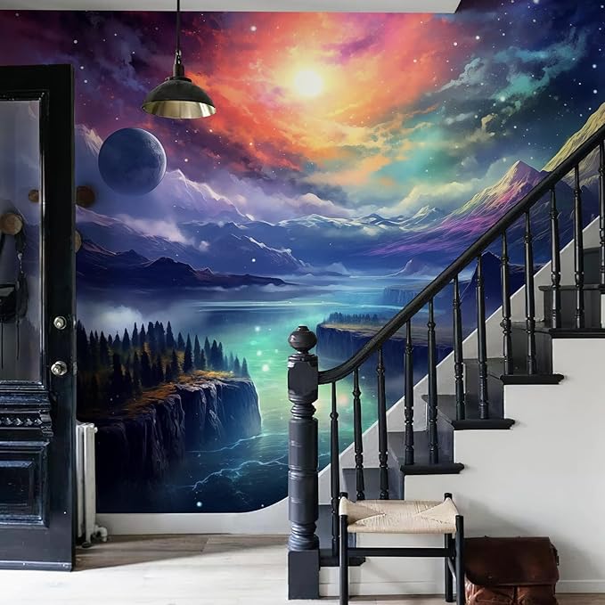 Zeeko Fantasy Galaxy Mountain Wall Mural Peel and Stick 148" W x 98" H Colorful Canvas Waterproof Self Adhesive Removable Wallpaper for Gaming Room Bedroom Large Wall Decor