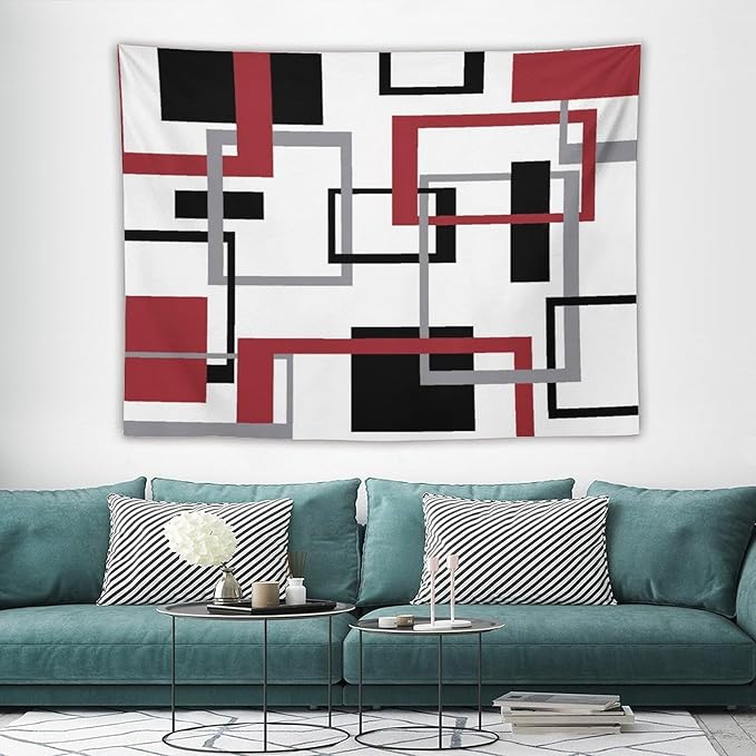 ZhiRain Red Tapestry Wall Hanging Mid Century Modern Geometric Abstract Red Black Grey Square White Backdrop Tapestries Home Decor for Living Room Bedroom Apartment Farmhouse Dorm 60"x80"