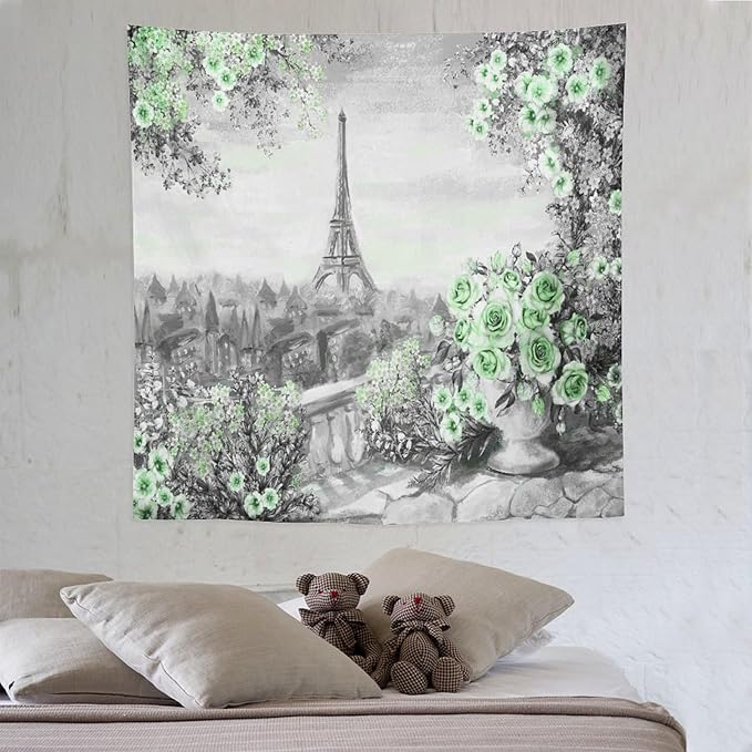 ZhiRain Vintage Paris Tapestry Wall Hanging Eiffel Tower Green Rose Flower Spring Cityscape Gray Tapestries Home Decor for Living Room Bedroom Apartment Farmhouse Dorm 60"x60"