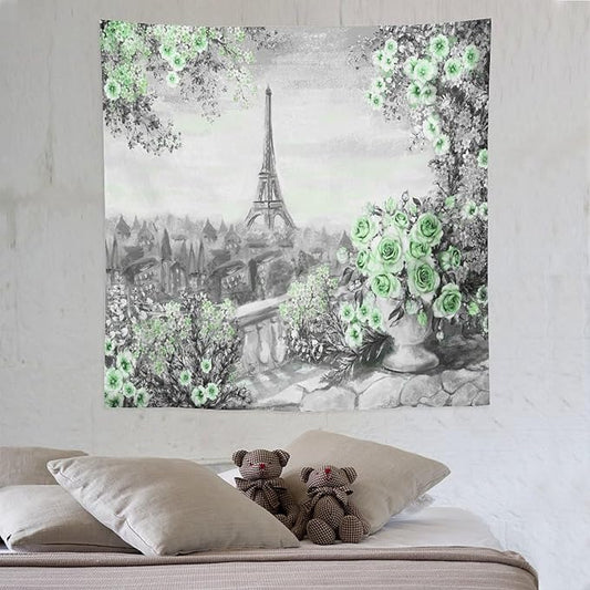 ZhiRain Vintage Paris Tapestry Wall Hanging Eiffel Tower Green Rose Flower Spring Cityscape Gray Tapestries Home Decor for Living Room Bedroom Apartment Farmhouse Dorm 60"x60"