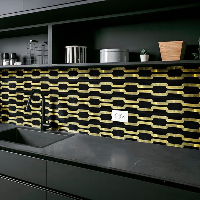 Yipscazo Peel and Stick backsplash 3 x 6 Inches 3D PVC Composite Wall Tile Stick on Backsplash Tile for Kitchen Bathroom, Laundry Room, Fireplace(Black with Gold, 2 Pieces)