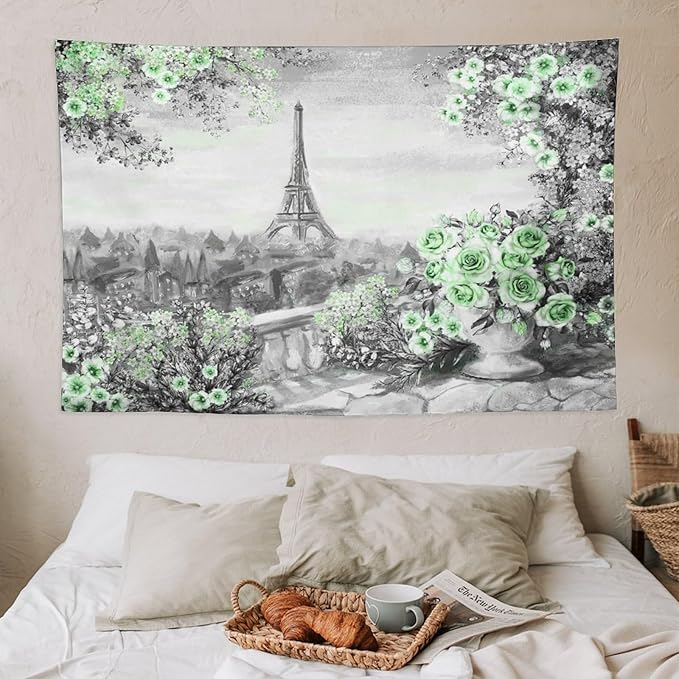 ZhiRain Vintage Paris Tapestry Wall Hanging Eiffel Tower Green Rose Flower Spring Cityscape Gray Tapestries Home Decor for Living Room Bedroom Apartment Farmhouse Dorm 40"x60"