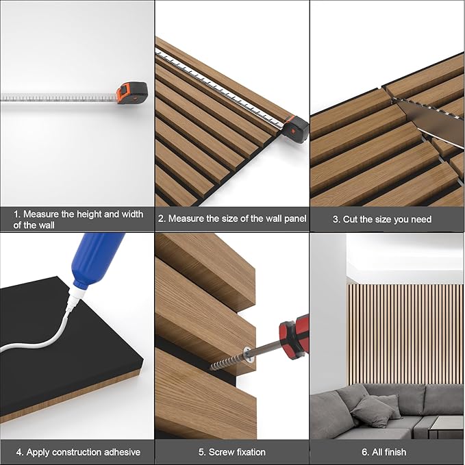 Yuzzy Acoustic Wood Slat Wall Panels - 48" x 22" Dark Walnut Fluted Sound Absorbing Panel for Wall and Ceiling - 4 Pcs Wall Panels for Interior Wall Decor for Homes, Offices, Studios