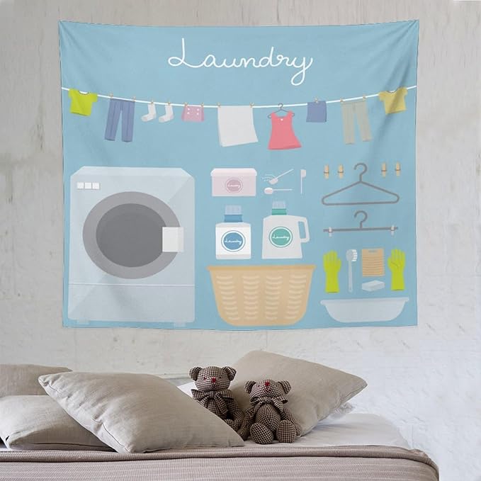 ZhiRain Laundry Room Tapestry Wall Hanging Blue Cartoon Wash Dry Fold Tapestries Home Decor for Living Room Bedroom Farmhouse Apartment Dorm 50"x60"