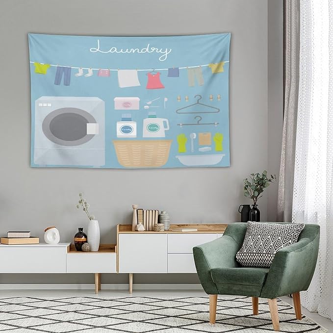 ZhiRain Laundry Room Tapestry Wall Hanging Blue Cartoon Wash Dry Fold Tapestries Home Decor for Living Room Bedroom Farmhouse Apartment Dorm 40"x60"