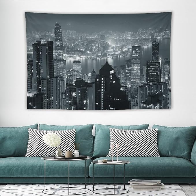 ZhiRain City Tapestry Wall Hanging Aerial Night View Hong Kong Skyline Modern Famous Urban Town Tapestries Home Decor for Living Room Bedroom Apartment Farmhouse Dorm 60"x90"