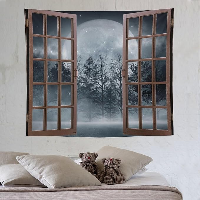 ZhiRain Misty Landscape Tapestry Wall Hanging Dark Black Nature Moon Gothic Tree Scenery Foggy Woodland Tapestries Home Decor for Living Room Bedroom Apartment Farmhouse Dorm 50"x60"