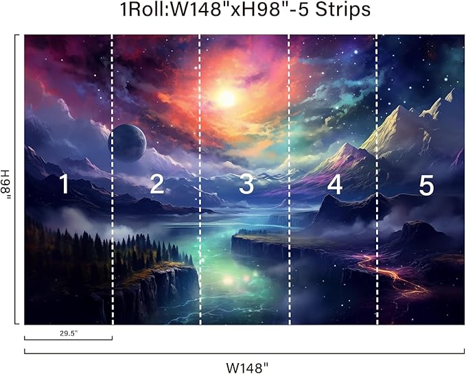Zeeko Fantasy Galaxy Mountain Wall Mural Peel and Stick 148" W x 98" H Colorful Canvas Waterproof Self Adhesive Removable Wallpaper for Gaming Room Bedroom Large Wall Decor