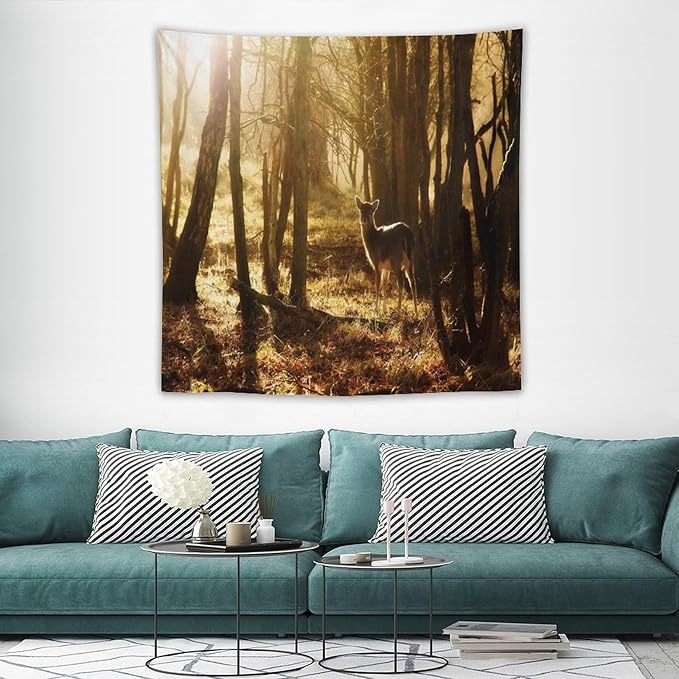 ZhiRain Forest Tapestry Wall Hanging Natural Forest And Deer at Sunset Pattern Tapestries Home Decor for Living Room Bedroom Apartment Farmhouse Dorm 60"x60"