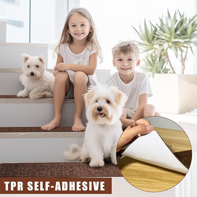4Pcs Stair Treads for Wooden Steps Indoor with Self Adhesive, 8"x30" Non Slip Stair Runners-Peel & Stick Indoor Stair Carpet Runner, Resistant Indoor Runner for Kids、Elders and Pets,Dark Brown