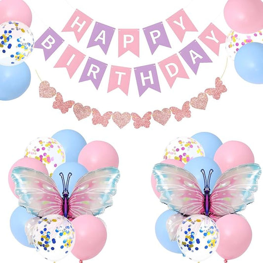 ZHENGYE Pink Blue Party Decorations Set Butterfly Happy Birthday Party Banner Butterflys Balloons Latex Balloon Butterfly Themed Party Women Girls Baby Shower Birthday Party Decoration Supplies
