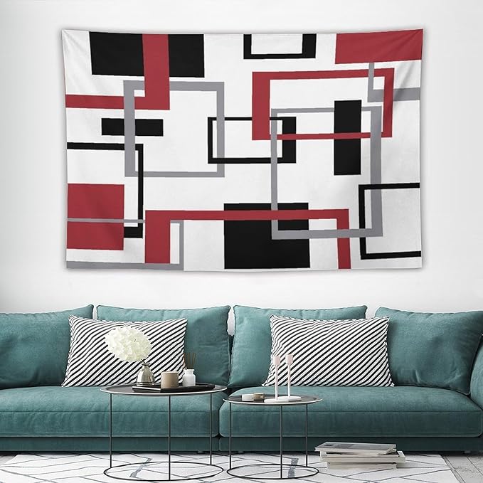 ZhiRain Red Tapestry Wall Hanging Mid Century Modern Geometric Abstract Red Black Grey Square White Backdrop Tapestries Home Decor for Living Room Bedroom Apartment Farmhouse Dorm 40"x60"