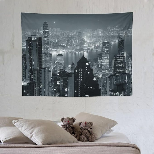 ZhiRain City Tapestry Wall Hanging Aerial Night View Hong Kong Skyline Modern Famous Urban Town Tapestries Home Decor for Living Room Bedroom Apartment Farmhouse Dorm 30"x40"