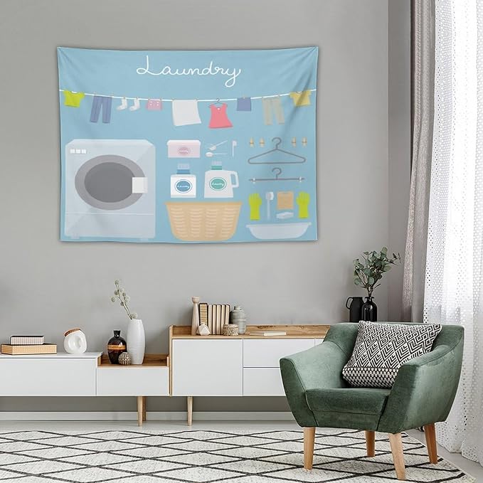 ZhiRain Laundry Room Tapestry Wall Hanging Blue Cartoon Wash Dry Fold Tapestries Home Decor for Living Room Bedroom Farmhouse Apartment Dorm 30"x40"