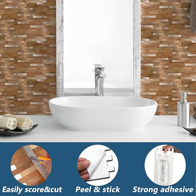 Yipscazo 20 Sheets PVC Wall Tiles Stick on Tiles for Backsplash Kitchen, Bathroom, Laundry Room, Camper, Fireplace (6'' X 12'', Copper Metal)