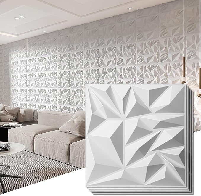 Art3d 33-Pack 3D Wall Panels for Interior Wall Decor, Modern Diamond Textured Accent Wall Paneling for Gaming Living Room TV Wall Background, 12 x 12 inch White, A10342