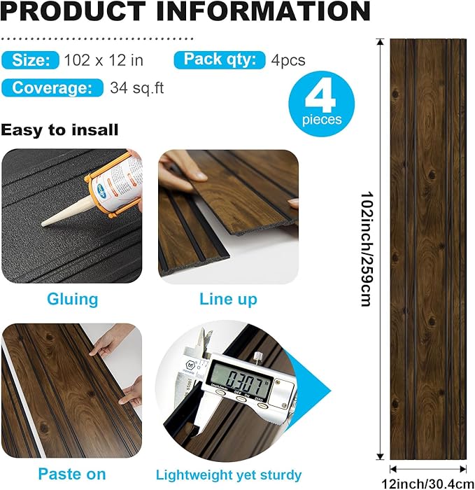Art3d 4-Pack Glue-On Wall Panels, Wood Grain Texture Interior Wall Decor, 104"x12" Recycled Polystyrene Wainscoting Panels, Low Emission for Living Room Bedroom,Natural Walnut