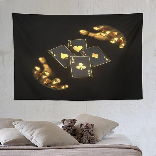 ZhiRain Poker Theme Tapestry Wall Hanging Modern Black Gold Playing Cards Art Printed Tapestries Home Decor for Living Room Bedroom Farmhouse Apartment Dorm 60"x90"