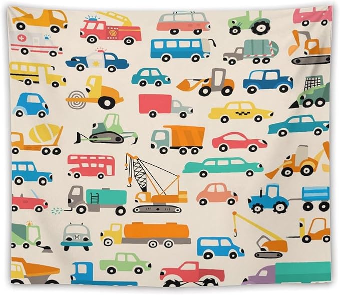 ZhiRain Cartoon Cars Print Tapestry Wall Hanging Cartoon Shovel And Trucks Tapestries Home Decor for Living Room Bedroom Apartment Farmhouse Dorm 50"x60"