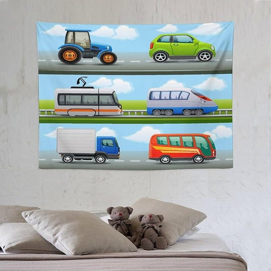 ZhiRain Construction Truck Tapestry Wall Hanging Tractor Bus Cartoon Cars Vehicle Tapestries Home Decor for Living Room Bedroom Apartment Farmhouse Dorm 30"x40"