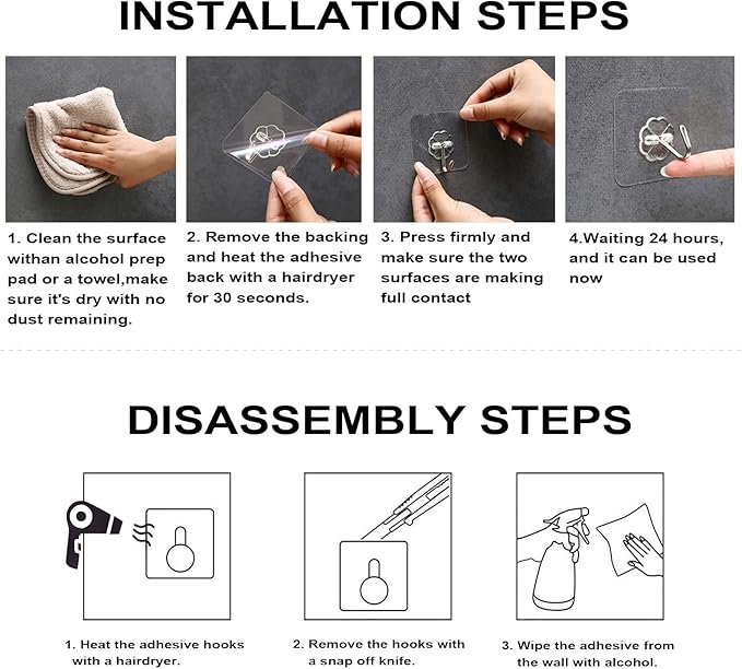 ZESLMG Adhesive Wall Hooks No Damage for Hanging, 12 Pack Large Self Sticky Hooks Heavy Duty 44lb Removable, Clear Hook for Shower Towel Coat Key Picture Wreath Outdoor Bathroom Kitchen, Waterproof